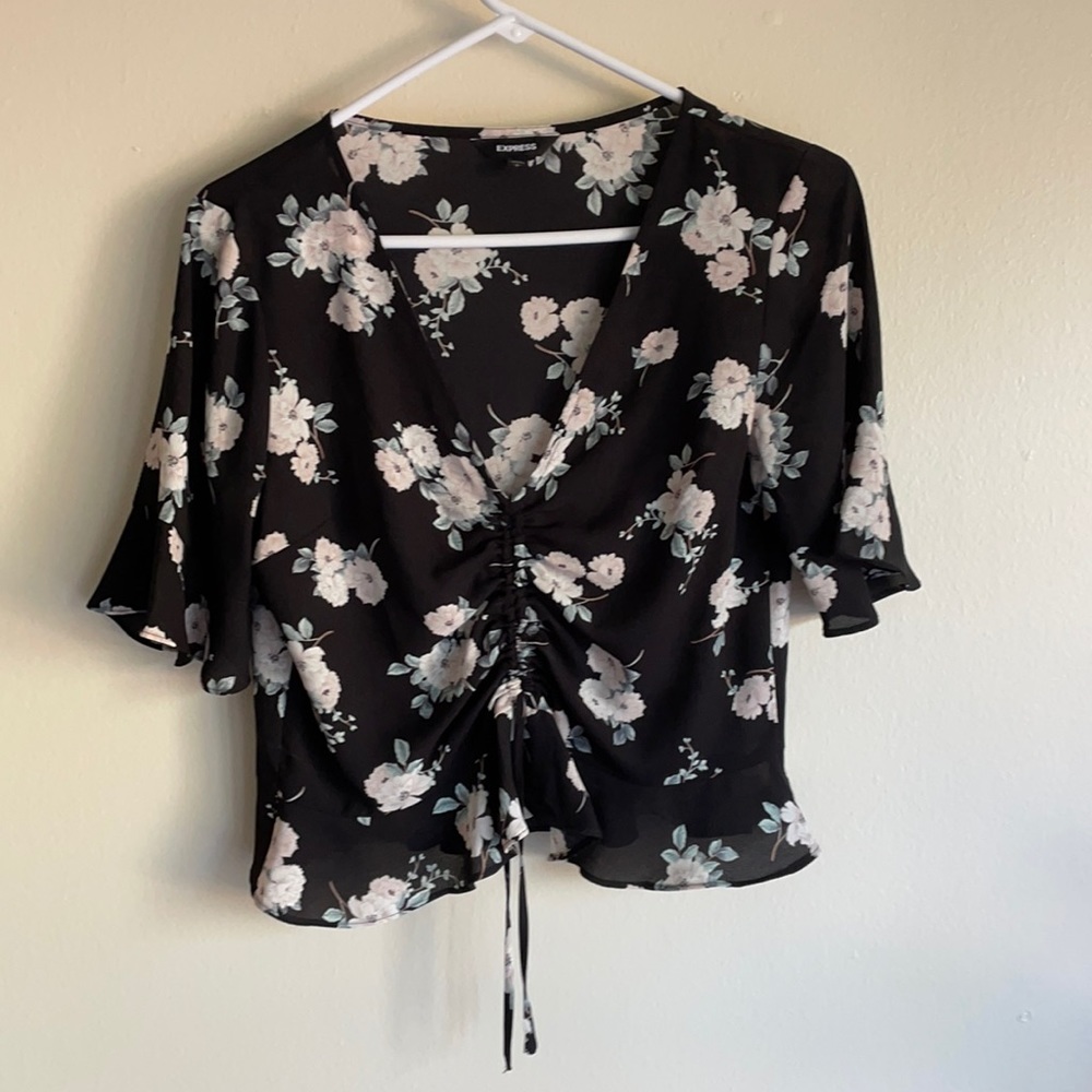 Express floral peplum crop cinched blouse NWOT